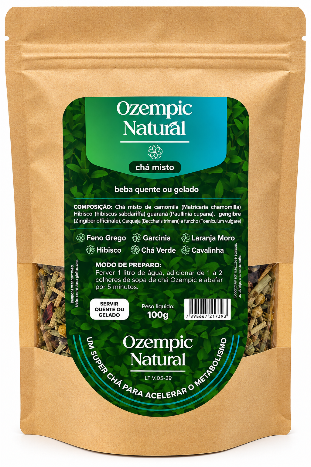 Chá Misto Ozempic Natural: combinação de ervas e ingredientes selecionados para uma bebida saborosa e prática, quente ou gelada. 100g.
