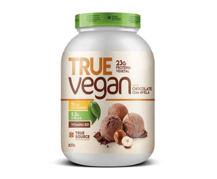 Proteina vegana true vegan 837gr sabor chocolate com avelã