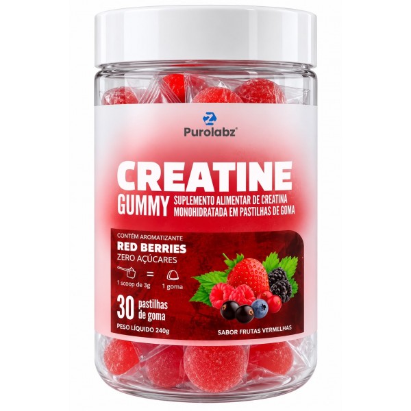 Creatina Gummy Purolabz 30 Gomas 240g – Sabor Frutas Vermelhas Zero Açúcares
