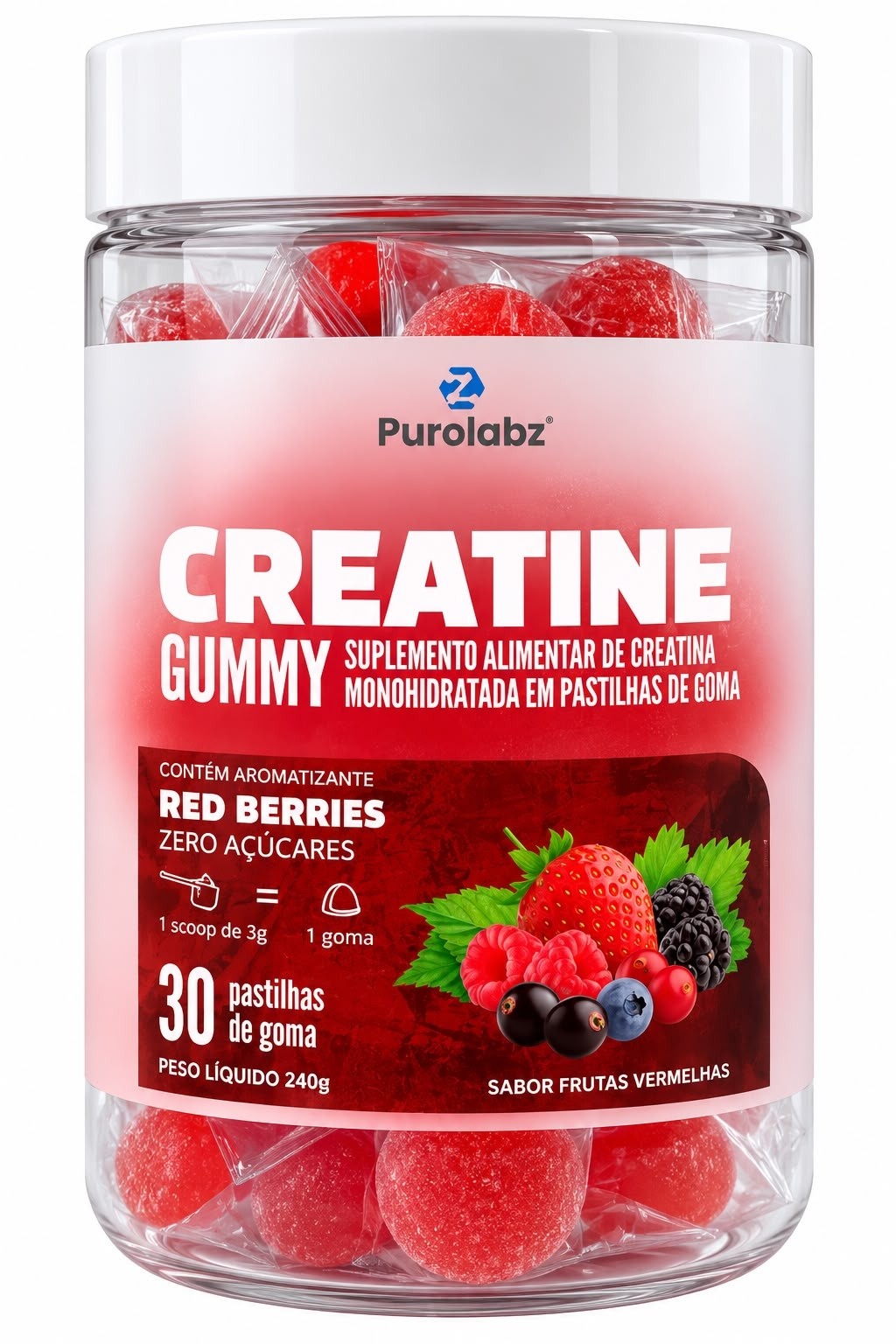 Creatina Gummy Purolabz 30 Gomas 240g – Sabor Frutas Vermelhas Zero Açúcares